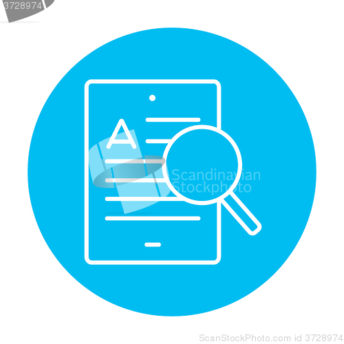 Image of Tablet and magnifying glass line icon.