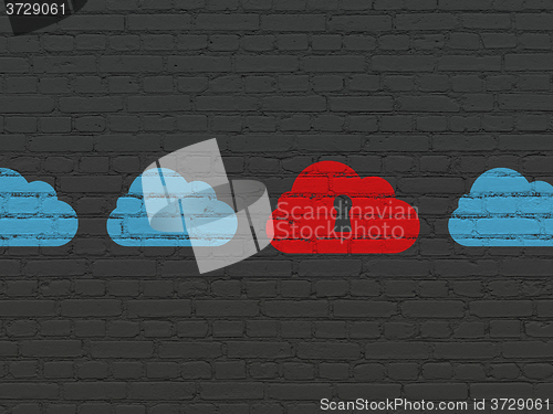 Image of Cloud technology concept: cloud with keyhole icon on wall background