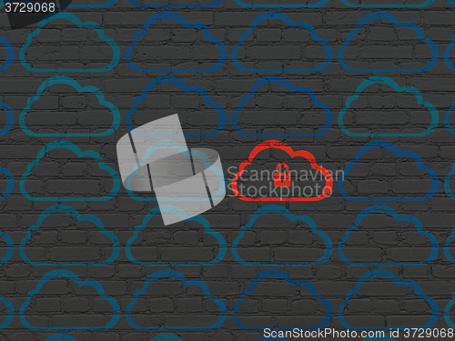 Image of Cloud networking concept: cloud with padlock icon on wall background