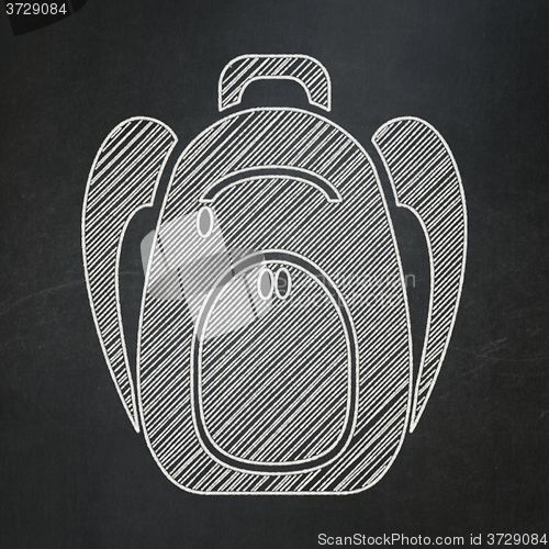 Image of Learning concept: Backpack on chalkboard background