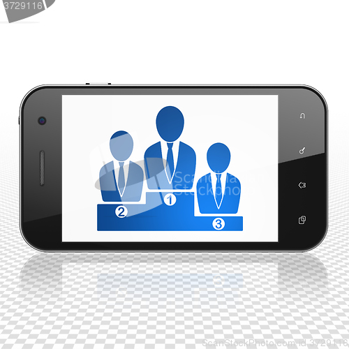 Image of Marketing concept: Smartphone with Business Team on display