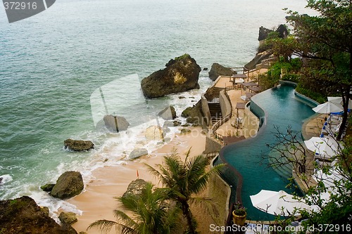 Image of Pool at the edge of the sea in a tropical resort

