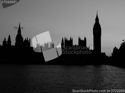 Image of Black and white Houses of Parliament in London