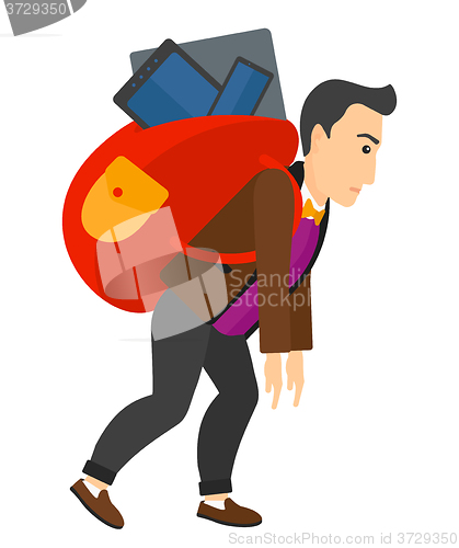 Image of Man with backpack full of devices.