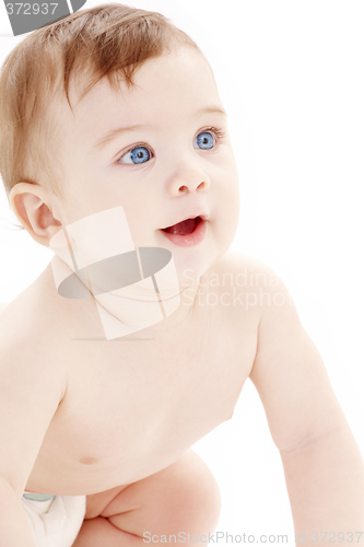 Image of portrait of crawling baby boy looking up