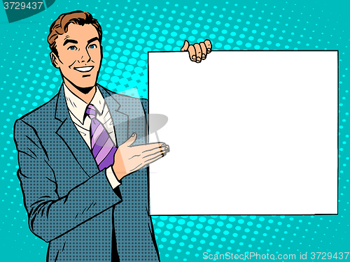 Image of businessman advertising announcement your brand here