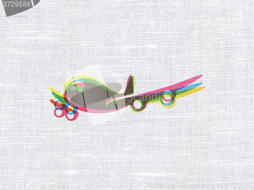 Image of Travel concept: Airplane on fabric texture background
