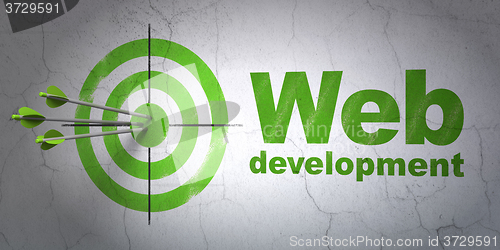 Image of Web design concept: target and Web Development on wall background