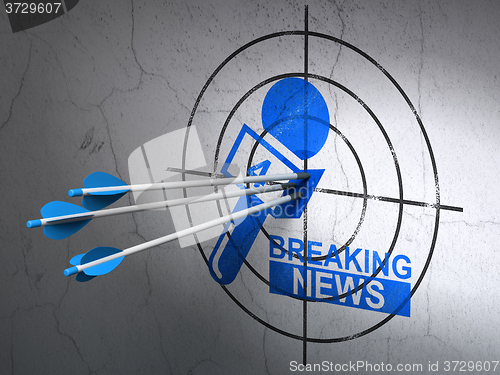 Image of News concept: arrows in Breaking News And Microphone target on wall background