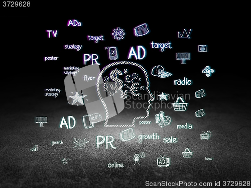 Image of Marketing concept: Head With Finance Symbol in grunge dark room