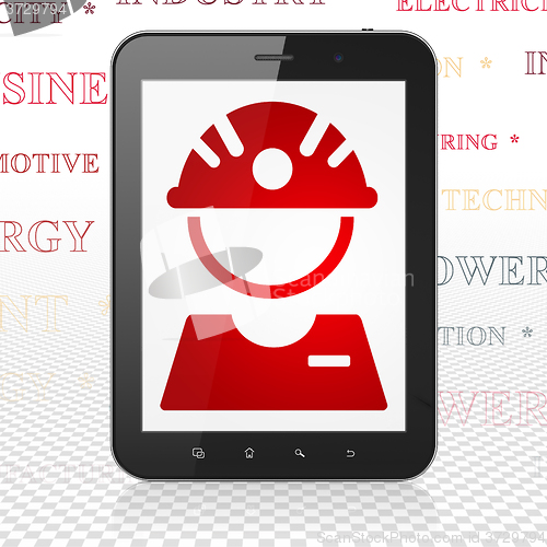 Image of Manufacuring concept: Tablet Computer with Factory Worker on display
