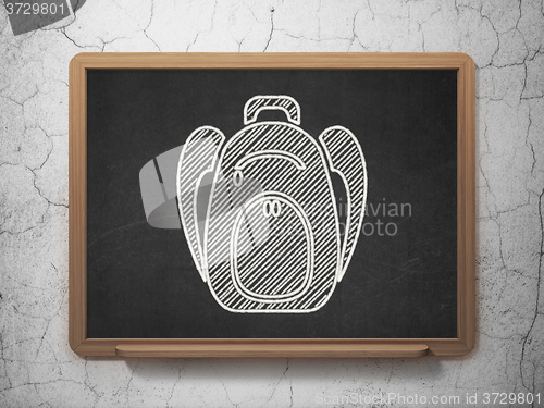 Image of Learning concept: Backpack on chalkboard background