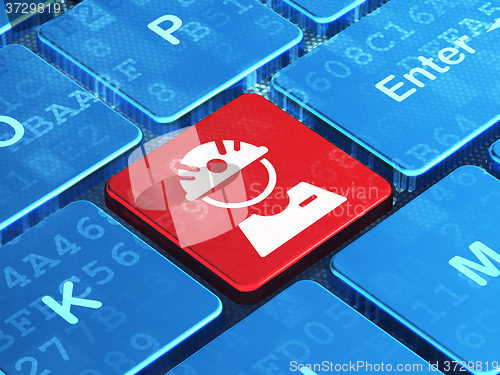 Image of Manufacuring concept: Factory Worker on computer keyboard background