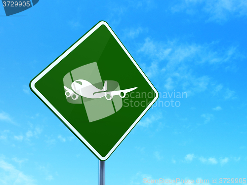 Image of Tourism concept: Airplane on road sign background