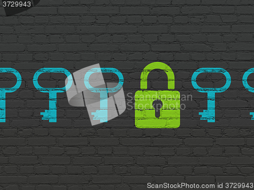 Image of Privacy concept: closed padlock icon on wall background