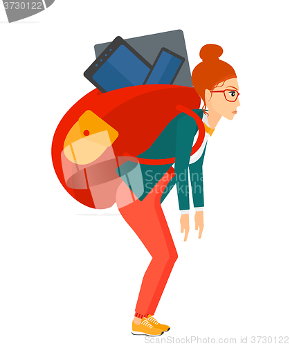 Image of Woman with backpack full of devices.