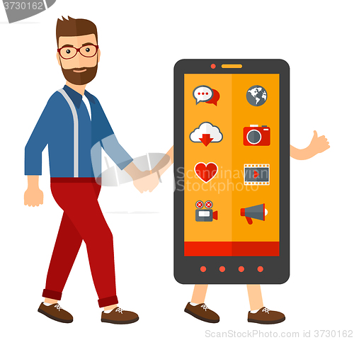 Image of Man walking with smartphone.