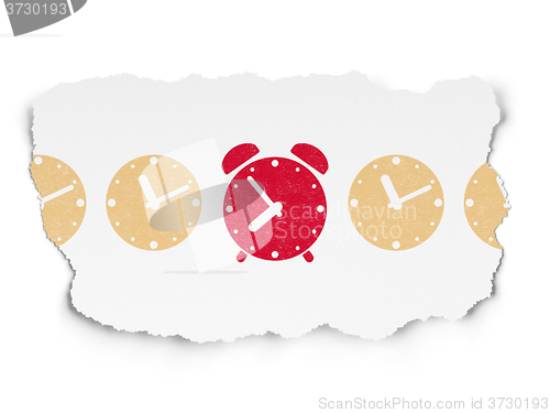 Image of Timeline concept: alarm clock icon on Torn Paper background