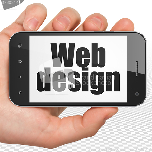 Image of Web development concept: Hand Holding Smartphone with Web Design on display