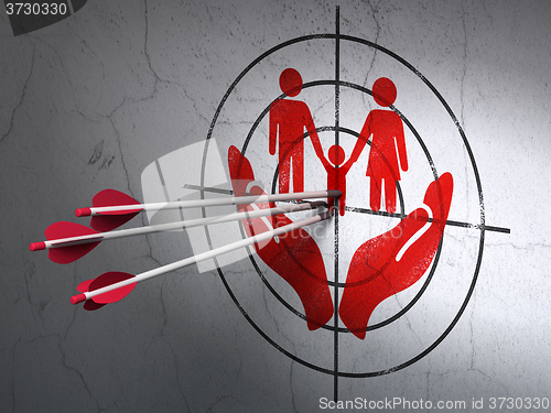Image of Insurance concept: arrows in Family And Palm target on wall background