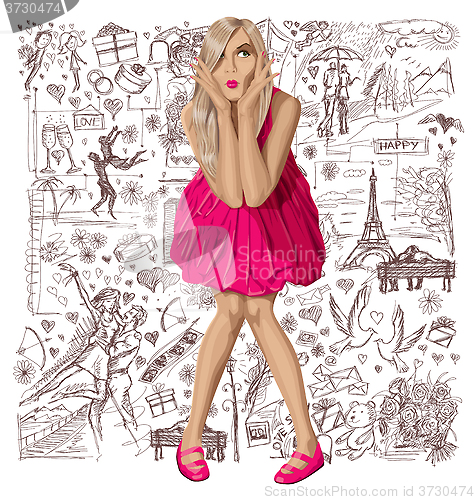 Image of Blonde In Pink Dress Against Love Background