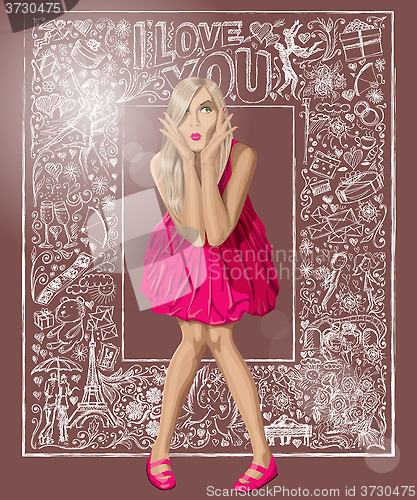 Image of Blonde In Pink Dress Against Love Background
