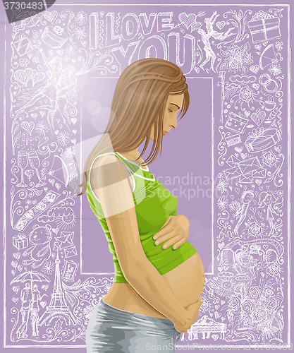 Image of Pregnant Female With Belly Against Love Background