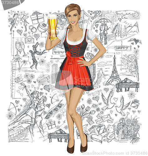 Image of Vector Cute Woman In Drindl With Beer Against Love Background