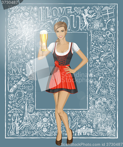 Image of Vector Cute Woman In Drindl With Beer Against Love Background