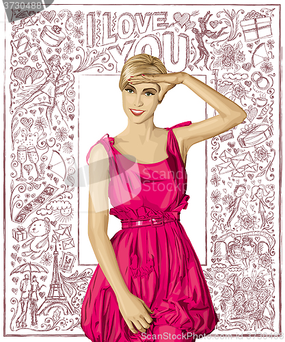 Image of Vector Surprised Blonde in Pink Dress Against Love Background