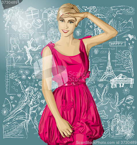 Image of Vector Surprised Blonde in Pink Dress Against Love Background