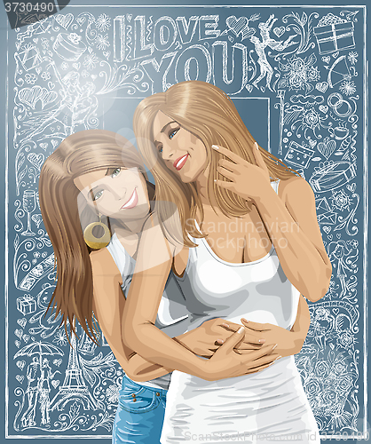 Image of Vector Women Gay Couple Against Love Background