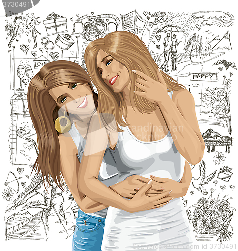 Image of Vector Women Gay Couple Against Love Background