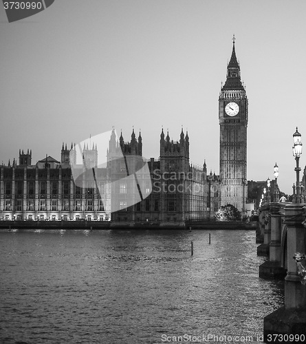 Image of Black and white Houses of Parliament in London