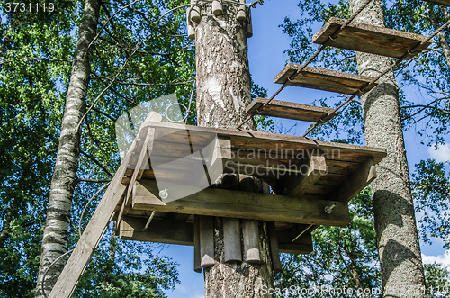 Image of Dangerous ropeway with tether in rope park, trees with green lea