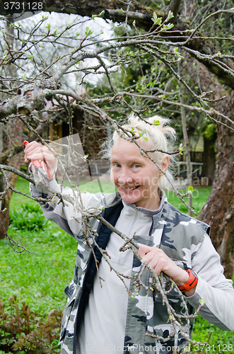 Image of Woman cuts a branch at an Apple-tree, a spring in the garden 