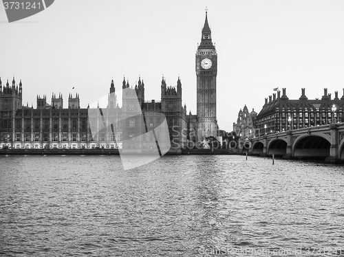 Image of Black and white Houses of Parliament in London