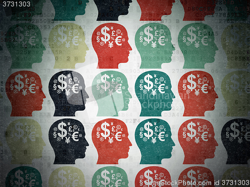 Image of Education concept: Head With Finance Symbol icons on Digital Paper background
