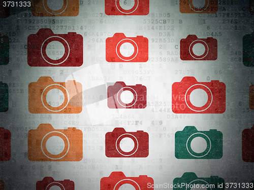 Image of Travel concept: Photo Camera icons on Digital Paper background