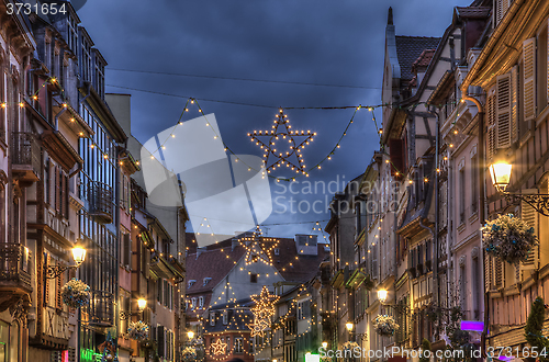 Image of Night Decorated Street in Winter in Colmar