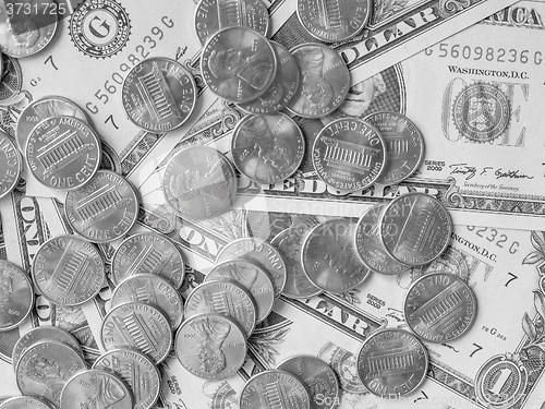 Image of Black and white Dollar coins and notes