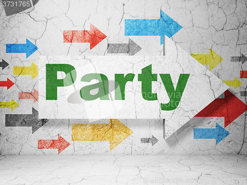 Image of Entertainment, concept: arrow with Party on grunge wall background