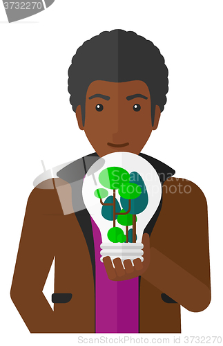 Image of Man with lightbulb and trees inside.