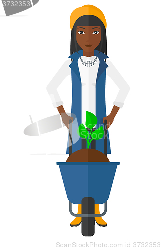 Image of Woman with plant and wheelbarrow.