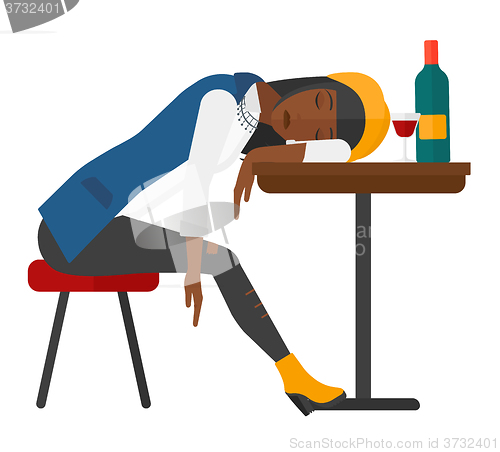 Image of Woman sleeping in bar. 