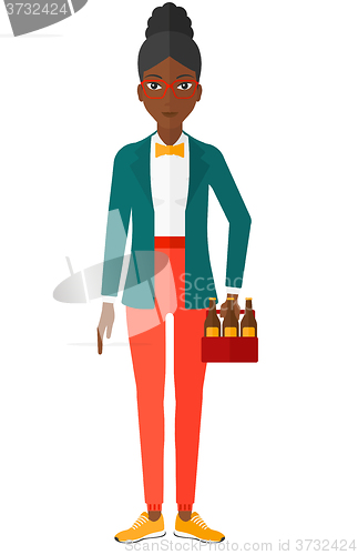 Image of Woman with pack of beer.