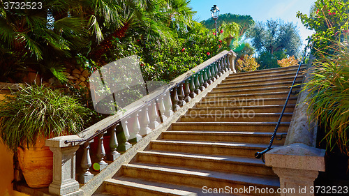 Image of Brown concrete stair in city garden. 