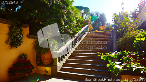 Image of Brown concrete stair in city garden. 