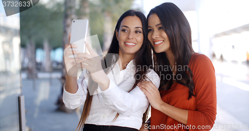 Image of Gorgeous stylish young women pose for a selfie