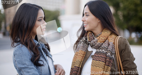 Image of Two stylish women chatting outdoors in a town